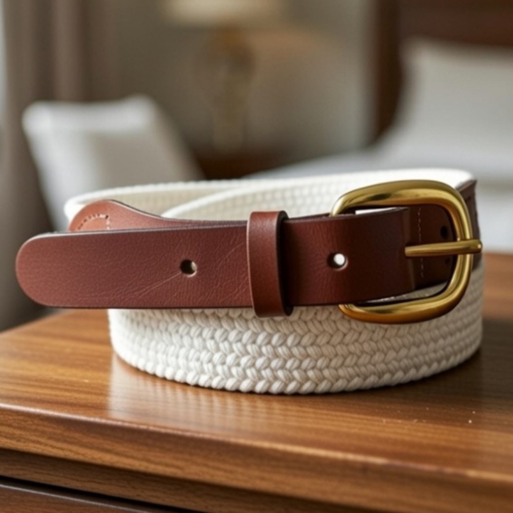 Unbranded Leather and Webbing Belt w Brass Toned Hardware Squared Belt Buckle
